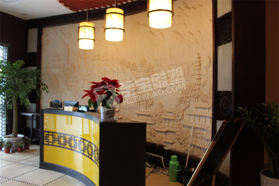 飯店前臺(tái)背景墻砂巖浮雕雕塑定制